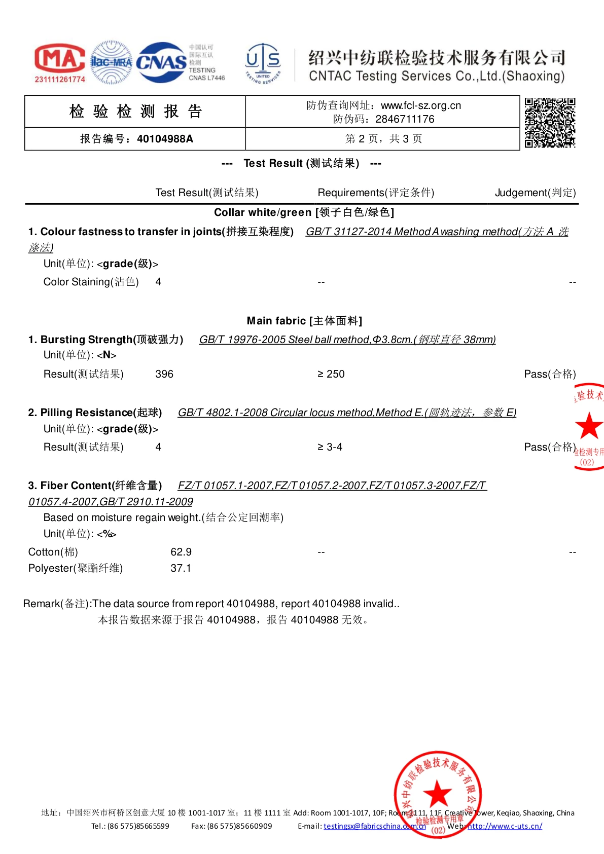 OEKO-TEX Standard 100 Certificate No.40104988A page 2